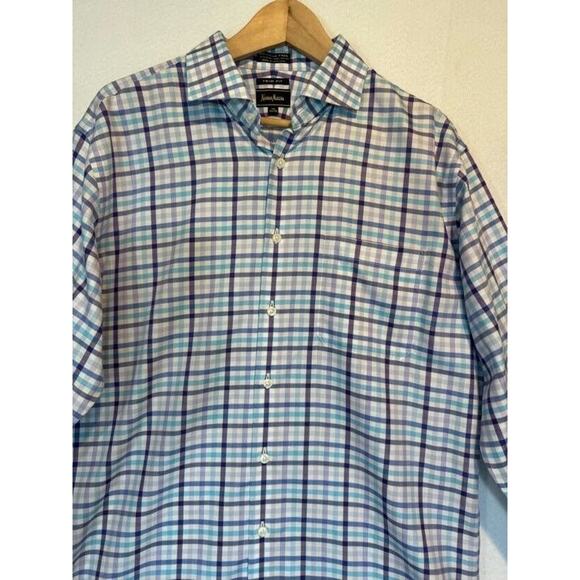 Neiman Marcus Mens Large Blue Plaid Trim Fit Cotton Button Up Shirt 16.5 34/35 - Picture 5 of 14